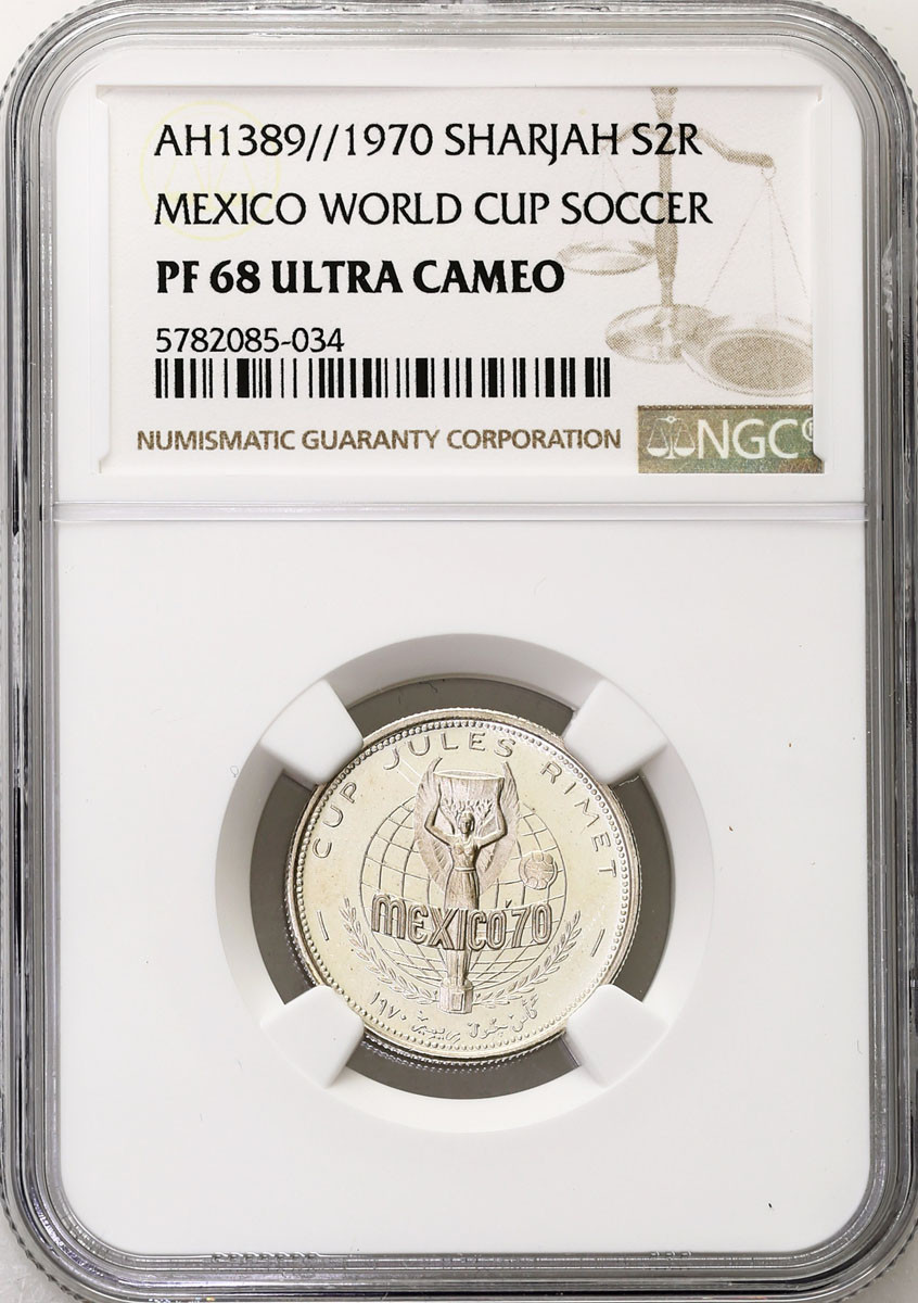 Sharjah, Khalid b. Muhammad, P2 Riyals, 1970 / 1389 h, Puchar Świata Meksyk NGC PF68 ULTRA CAMEO - RZADKIE